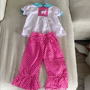 Girls Pink Polka Dot Ruffle Pants Matching Set with White Top